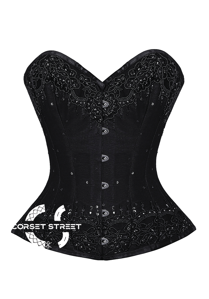 Black Handmade Sequins Gothic Burlesque Bustier Waist Training Overbust Plus Size Corset Costume