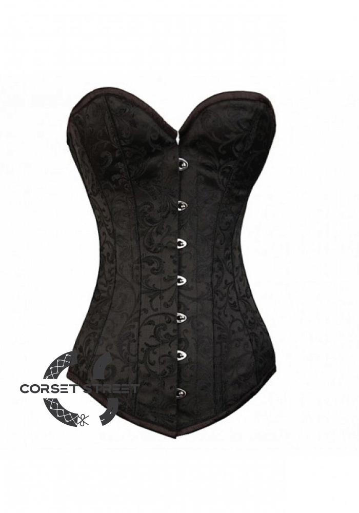 Black Brocade Gothic Steampunk Bustier Waist Training LONG Overbust Plus Size Corset Costume