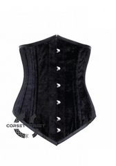 Black Velvet Gothic Double Bone Burlesque Bustier Waist Training LONG Underbust Corset Costume