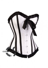 White Satin Black Frill Gothic Retro Burlesque Bustier Waist Training Overbust Plus Size Corset Costume