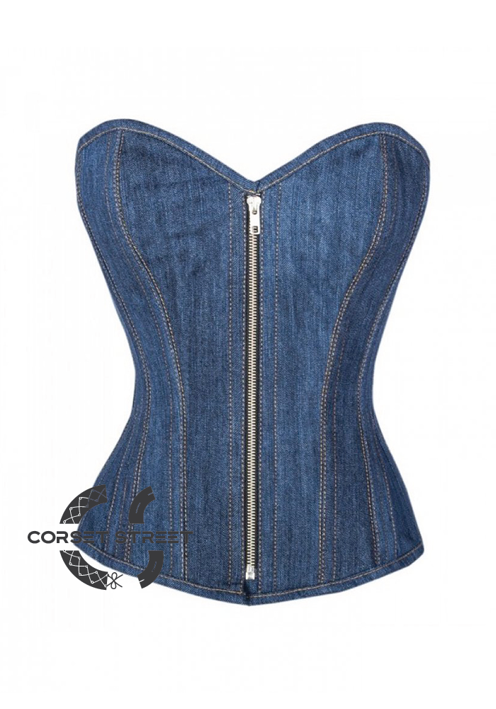 Blue Denim Zipper Gothic Steampunk Bustier Waist Training Overbust Plus Size Corset Costume