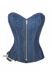 Blue Denim Zipper Gothic Steampunk Bustier Waist Training Overbust Plus Size Corset Costume