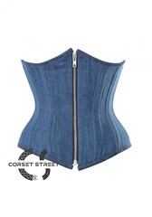 Blue Zipper Double Bone Gothic Steampunk Bustier Waist Training Overbust Denim Corset Costume