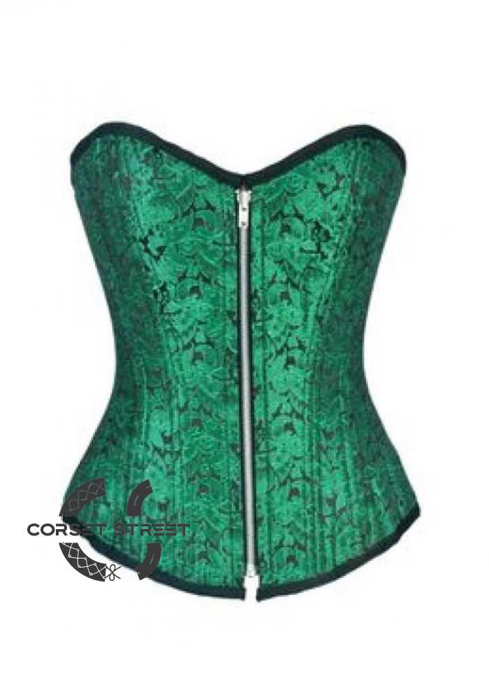 Green Brocade Zipper Double Bone Gothic Burlesque Bustier Waist Training Overbust Corset Costume
