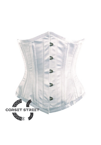 White Satin Double Bone Gothic Burlesque Waist Training Bustier Underbust Plus Size Corset Costume