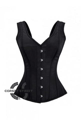 Black Satin Shoulder Strap Gothic Burlesque Bustier Waist Training Overbust Plus Size Corset Costume