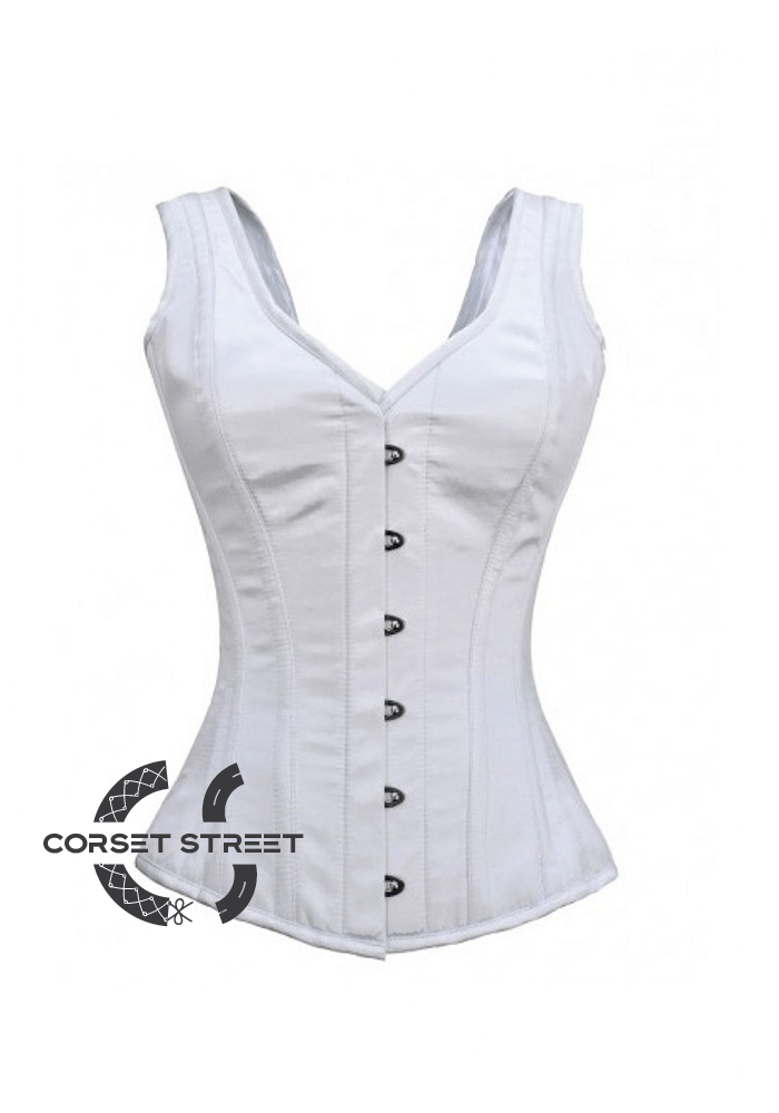 White Satin Shoulder Strap Gothic Burlesque Bustier Waist Training Overbust Corset Costume