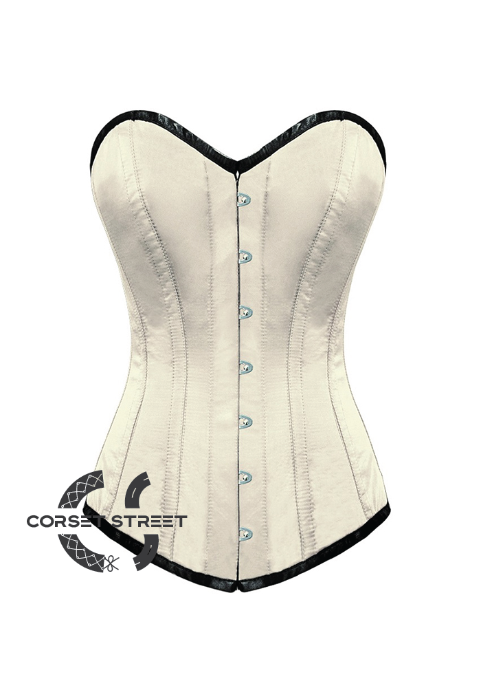 Ivory Satin Gothic Burlesque Bustier Waist Training LONG Overbust Corset Costume