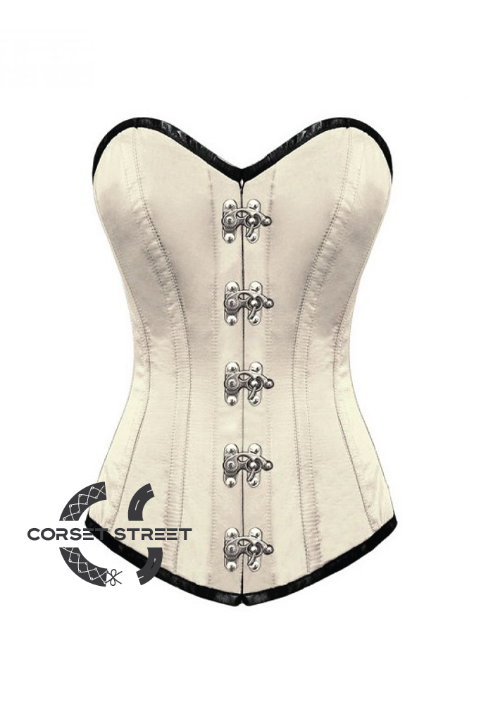Ivory Satin Seal Lock Gothic Steampunk Bustier Waist Training LONG Overbust Corset Costume