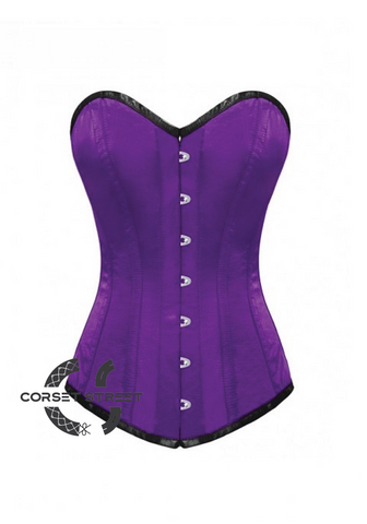 Purple Satin Gothic Burlesque Bustier Waist Training LONG Overbust Corset Costume