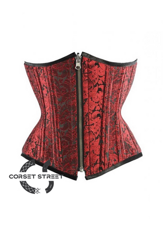 Red Black Brocade Zipper Double Bone Gothic Steampunk Bustier Waist Training Underbust Corset Costume