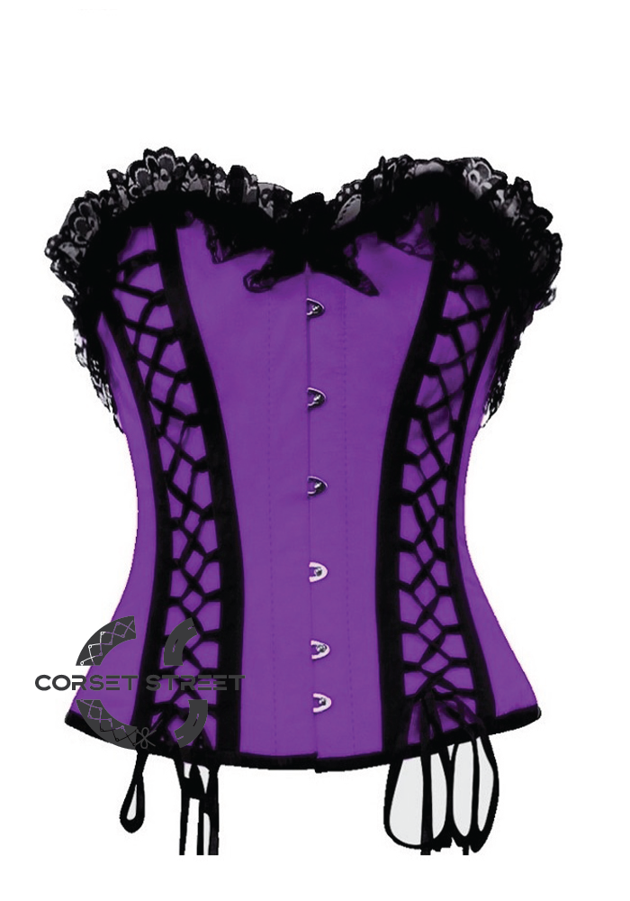 Purple Satin Black Lacing Gothic Burlesque Bustier Waist Training Overbust Plus Size Corset Costume