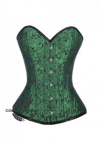 Green Brocade Busk Double Bone Gothic Burlesque Bustier Waist Training Overbust Corset Costume