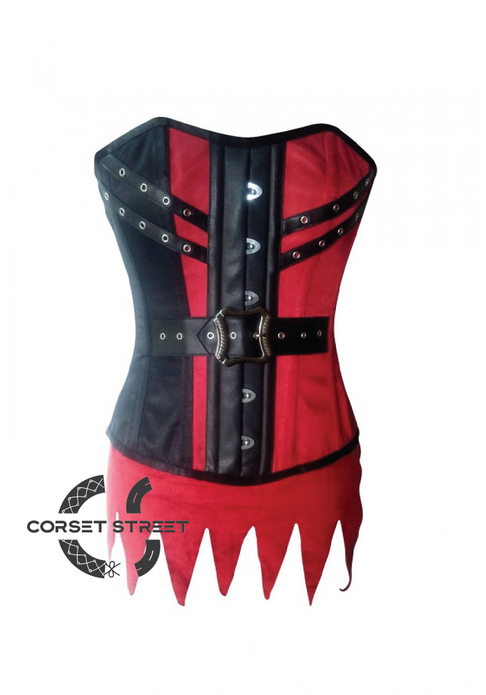Red And Black Satin Leather Belt Steampunk Bustier Waist Training Overbust Corset Costume