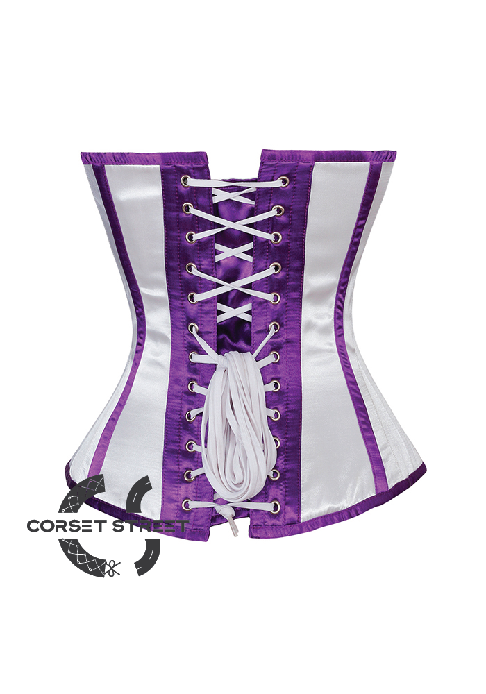White Satin Purple Stripes Gothic Burlesque Bustier Waist Training Overbust Corset Costume