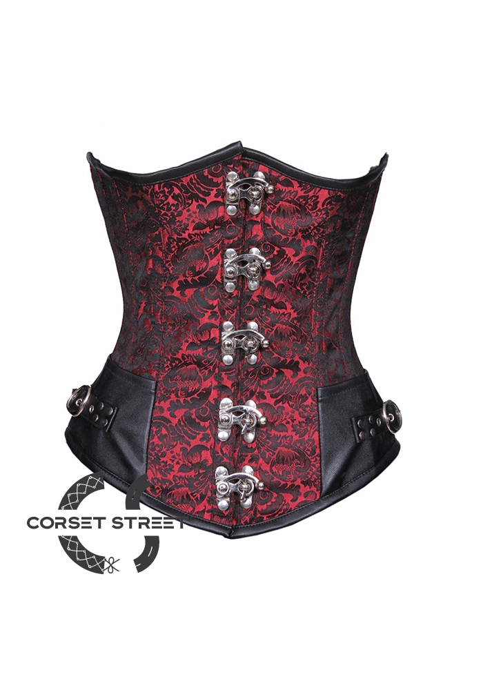 Red Black Brocade Leather Gothic Steampunk Bustier Waist Training LONG Underbust Plus Size Corset Costume