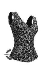 Black Silver Brocade Shoulder Strap Gothic Burlesque Bustier Waist Training Overbust Plus Size Corset Costume