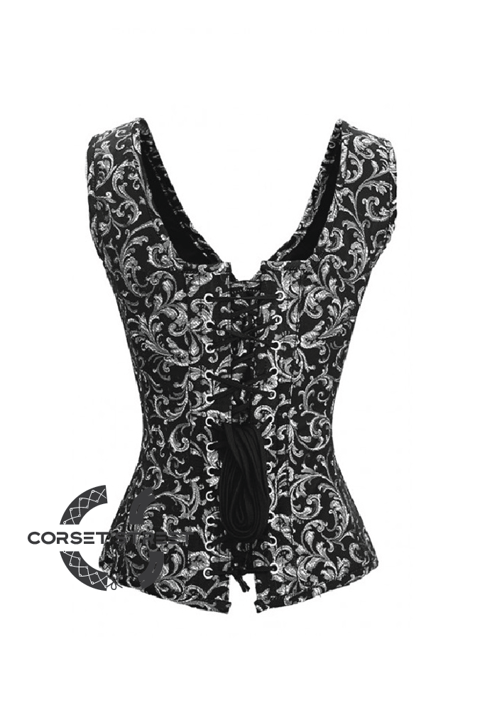 Black Silver Brocade Shoulder Strap Gothic Burlesque Bustier Waist Training Overbust Plus Size Corset Costume