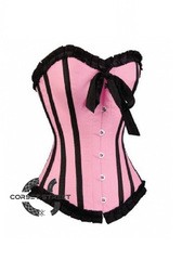 Pink Satin Black Frill Gothic Retro Burlesque Bustier Waist Training Overbust Plus Size Corset Costume