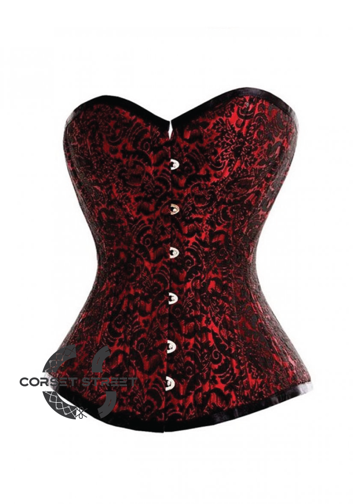 Red Black Brocade Double Bone Gothic Steampunk Bustier Waist Training Overbust Corset Costume