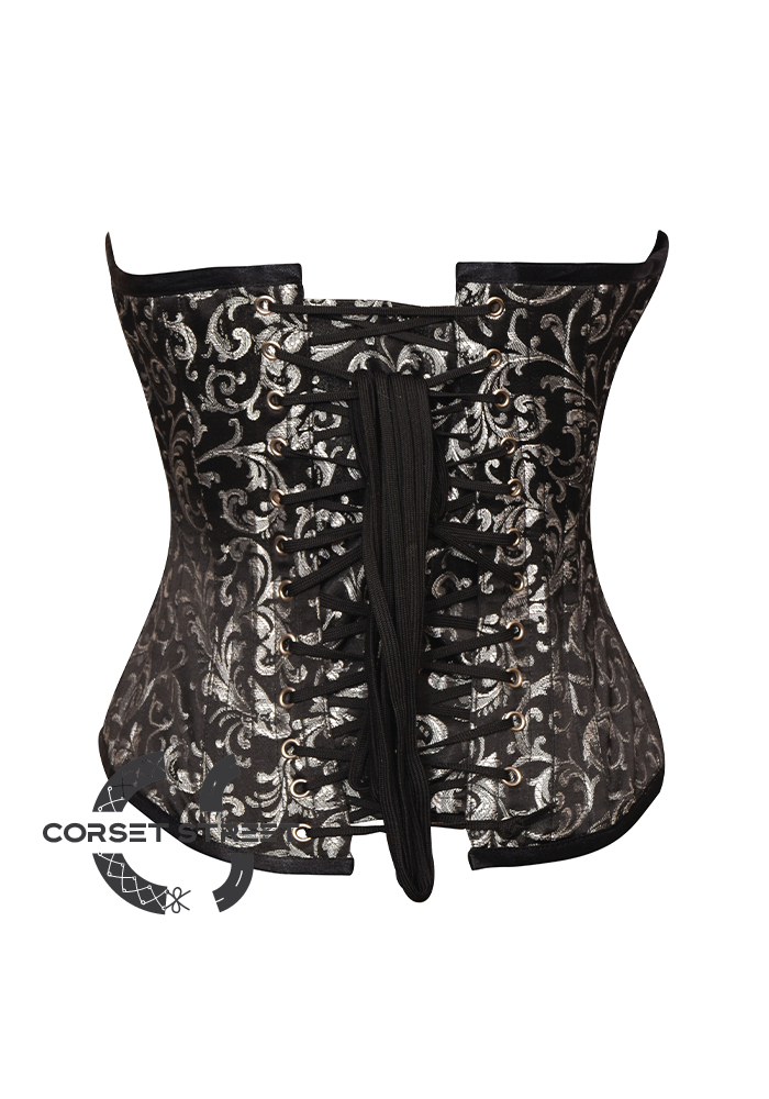 Black Silver Brocade Gothic Burlesque Bustier Waist Training Overbust Corset Costume