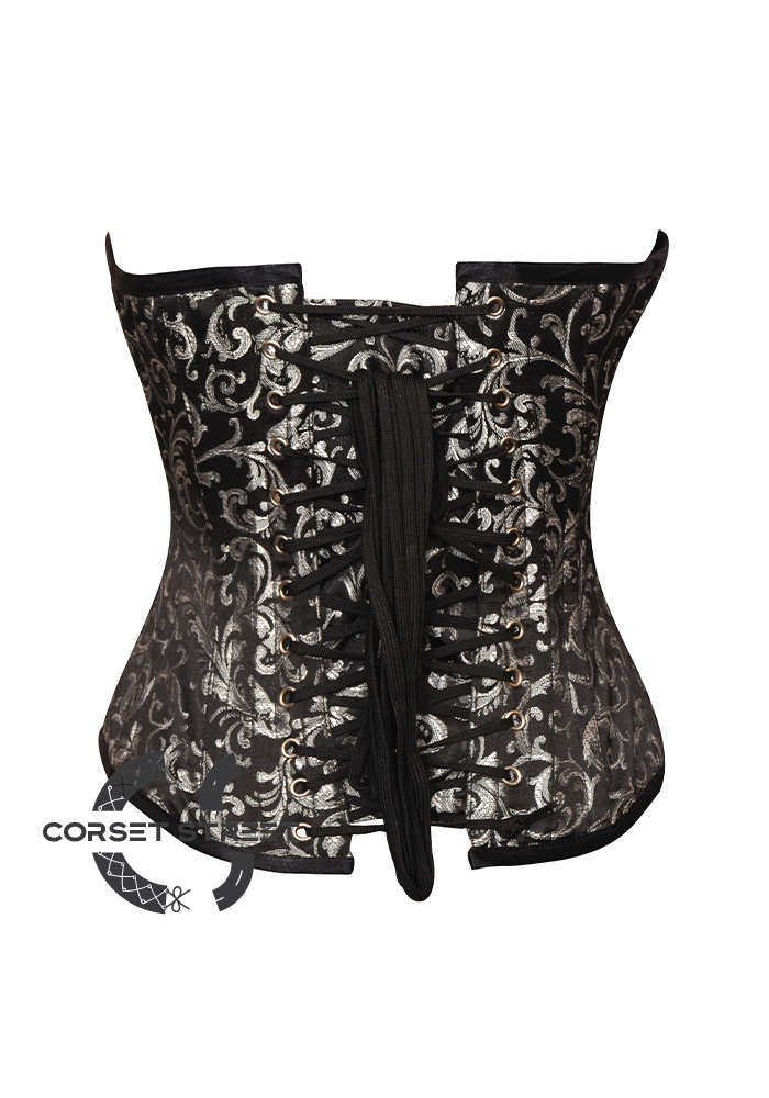 Black Silver Brocade Gothic Burlesque Bustier Waist Training Overbust Plus Size Corset Costume