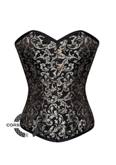 Black Silver Brocade Gothic Burlesque Bustier Waist Training Overbust Corset Costume