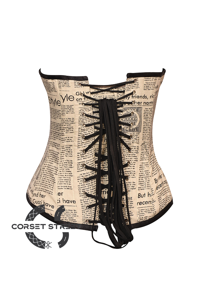 Retro Vintage Newspaper Print Cotton & Satin Central Panel Leather Belt Gothic Steampunk Overbust Plus Size Corset Costume