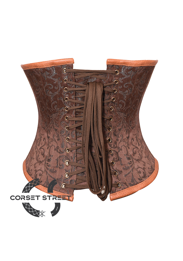 Brown Brocade & Leather Belt Gothic Steampunk Waist Training Bustier Underbust Corset Costume