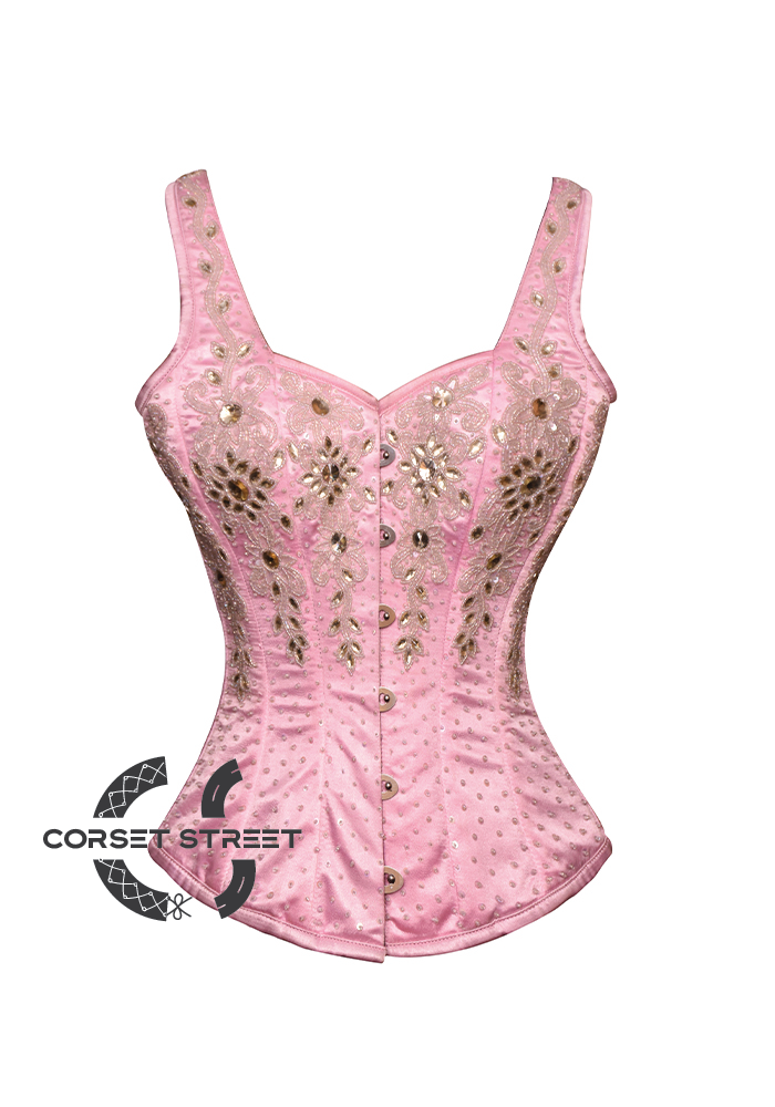 Pink Satin Silver Sequins Shoulder Straps Gothic Burlesque Bustier Waist Training Overbust Corset Costume