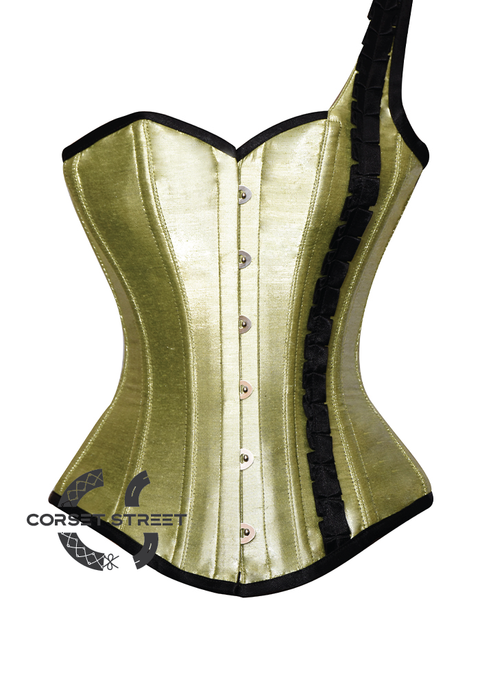 Olive Green Silk One Shoulder Strap Gothic Burlesque Bustier Waist Training Overbust Plus Size  Corset Costume