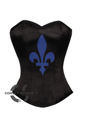 Black Satin Blue flower-de-luce Print Gothic Burlesque Waist Training Bustier Overbust Corset Costume