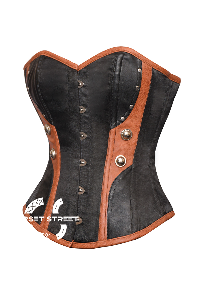 Black Satin Brown Leather Gothic Steampunk Bustier Waist Training Overbust Corset Costume