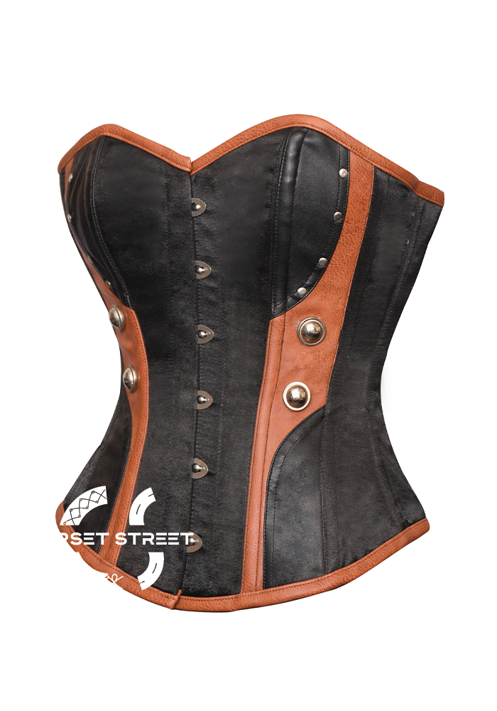 Black Satin Brown Leather Gothic Steampunk Bustier Waist Training Overbust Plus Size Corset Costume