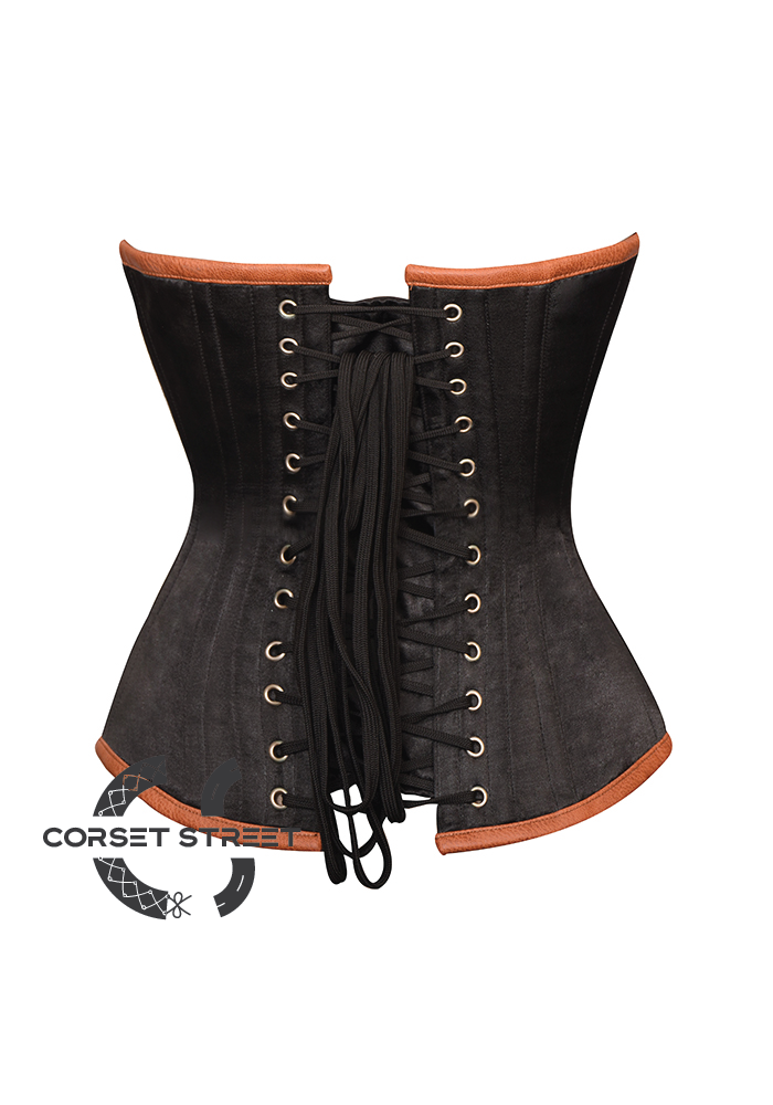 Black Satin Brown Leather Gothic Steampunk Bustier Waist Training Overbust Corset Costume