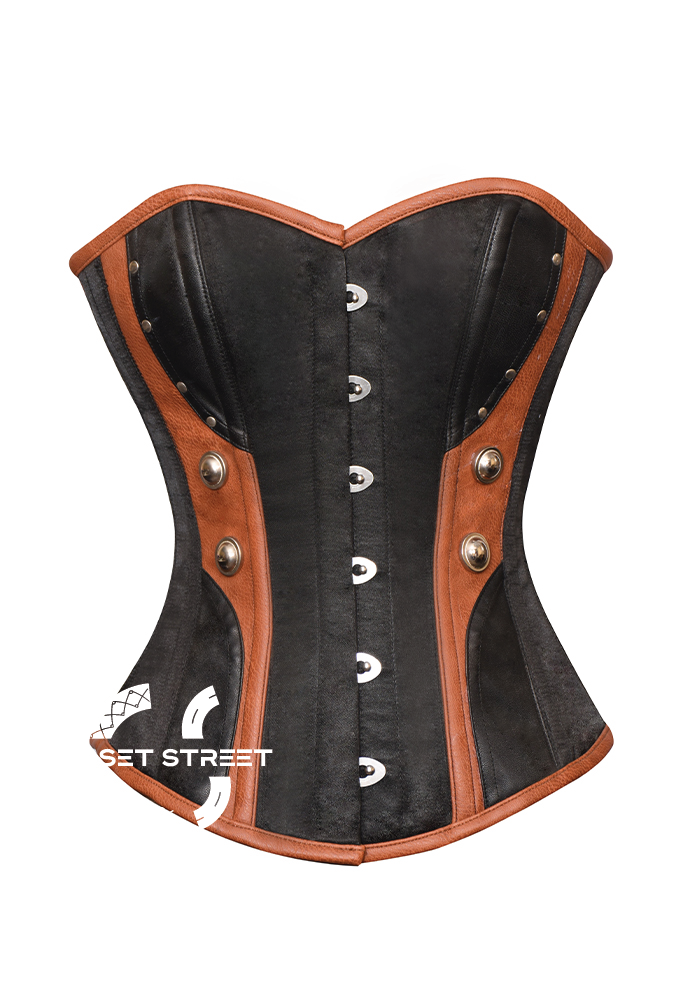 Black Satin Brown Leather Gothic Steampunk Bustier Waist Training Overbust Corset Costume