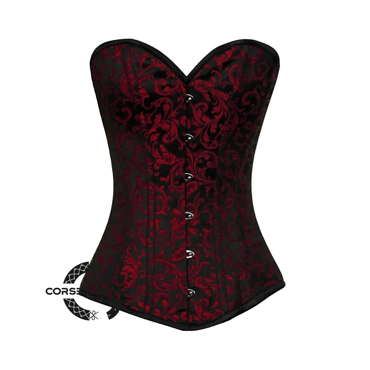 Red Black Brocade Gothic Steampunk Waist Training Bustiers Burlesque LONG Overbust Plus Size Corset Costume
