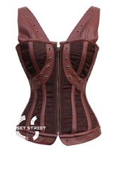 Brown Brocade Leather Shoulder Straps Gothic Steampunk Bustier Period Costume Waist Training Overbust Plus Size Corset Top