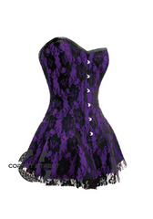 Purple Satin Net Gothic Burlesque Bustier Waist Training Costume Overbust Corset Dress