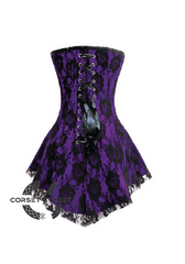 Purple Satin Net Gothic Burlesque Bustier Waist Training Costume Overbust Corset Dress