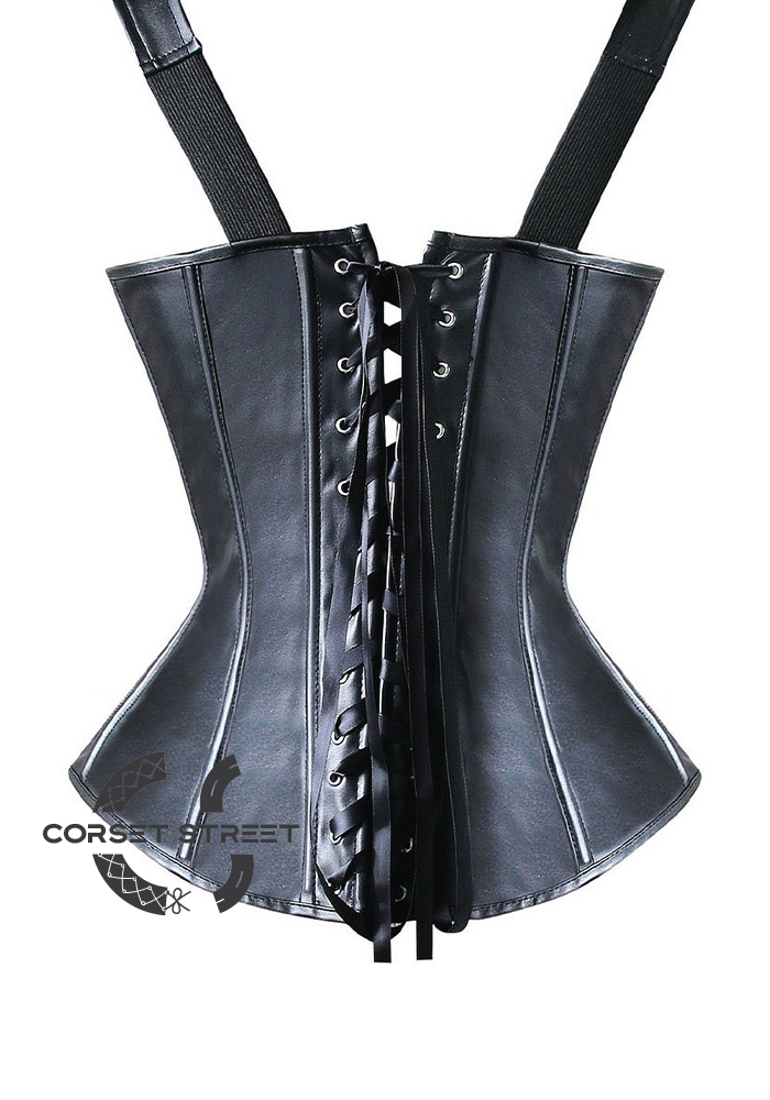 Black Faux Leather Zipper N Buckles Shoulder Strap Gothic Steampunk Waist Training Overbust Corset Costume