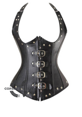 Black Leather Halter Neck Waist Training Basque LONG Underbust Corset Costume