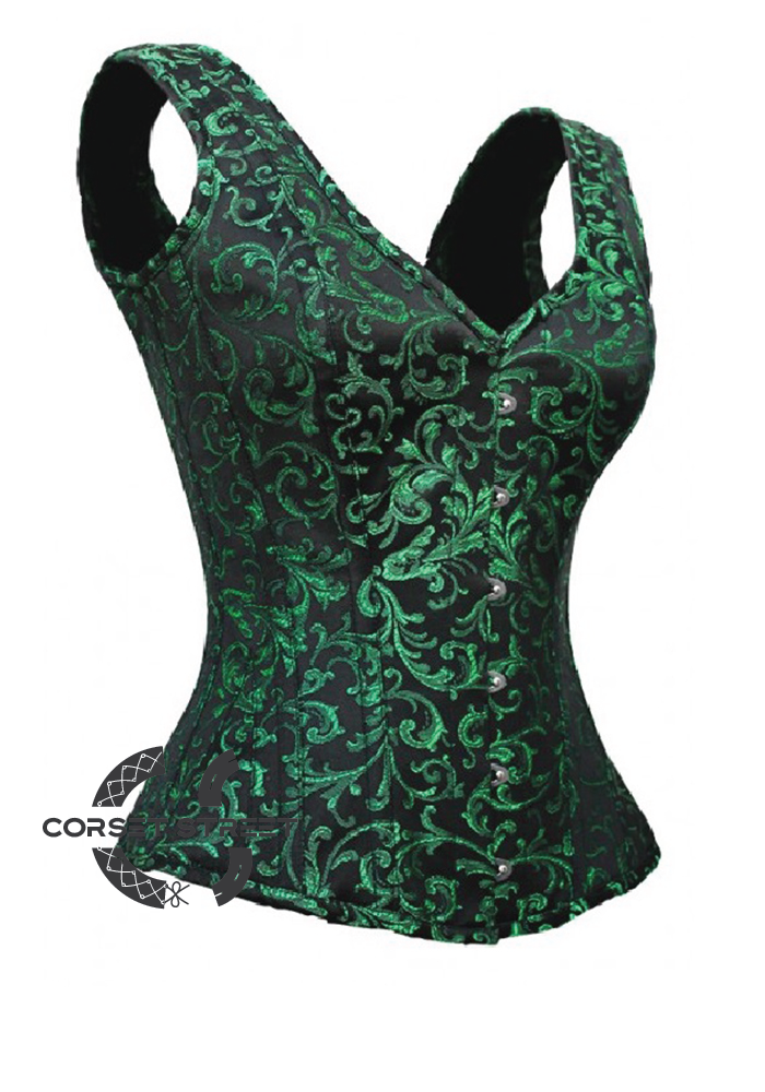 Green Black Brocade Shoulder Strap Gothic Burlesque Bustier Waist Training Overbust Plus Size Corset Costume