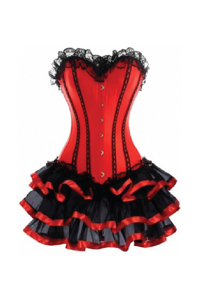 Red Satin Black Frill Tutu Skirt Gothic Burlesque Bustier Waist Training Costume Overbust Corset Dress