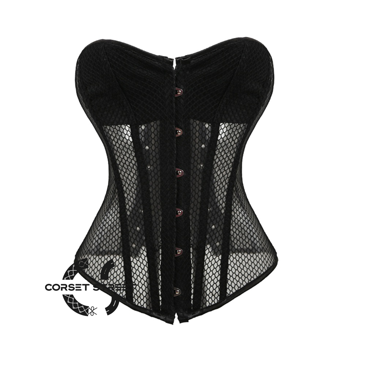 Sexy Black Mesh Net Gothic Steampunk Bustier Waist Training Overbust Sheer Corset Costume