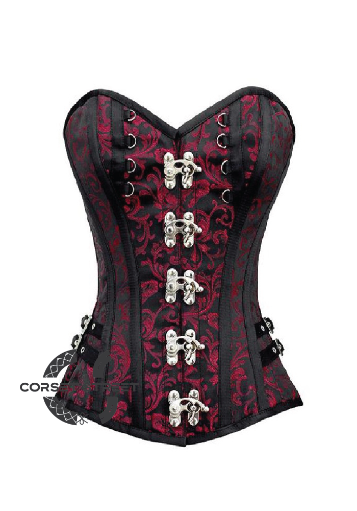 Red Black Brocade Leather Stripes Gothic Steampunk Bustier Waist Training Overbust Plus Size Corset Costume