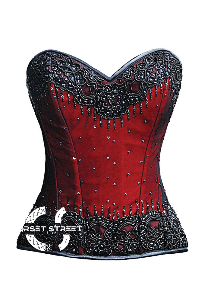 Red Satin Black Handmade Sequins Gothic Burlesque Bustier Waist Training Overbust Corset Costume