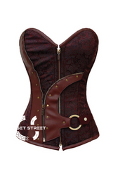 Brown Brocade Leather Work N Buckle Gothic Steampunk Bustier Period Costume Waist Training Overbust Corset Top