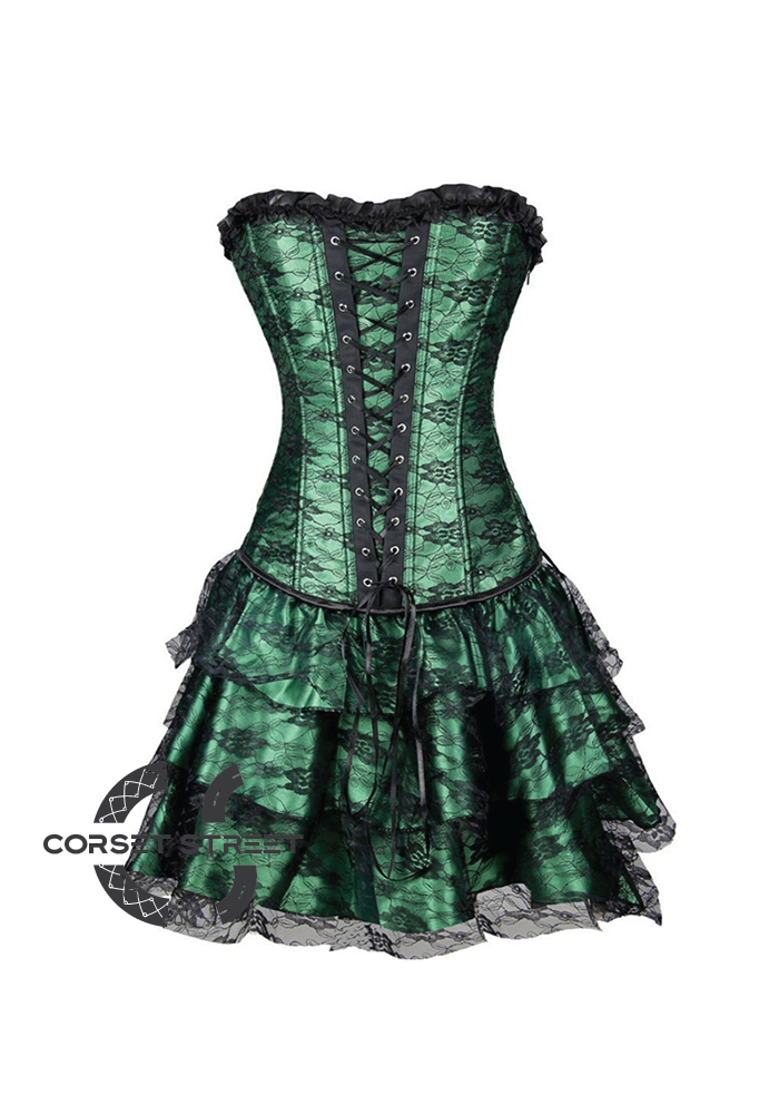 Green Satin with Skirt Gothic Burlesque Bustier Waist Training Costume Overbust Corset Dress