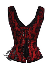 Red Satin Net Covered Shoulder Strap Gothic Burlesque Bustier Waist Training Overbust Plus Size Corset Costume